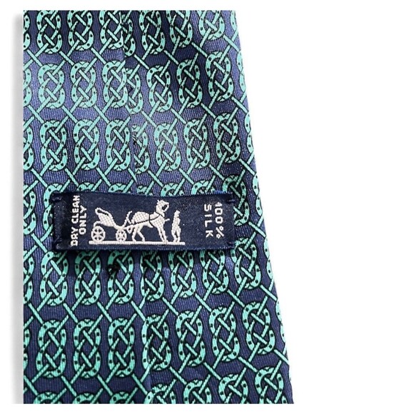 Hermès Paris Silk Tie Navy Teal Horseshoe Polo Mallet Equestrian Pattern EUC - Picture 2 of 10